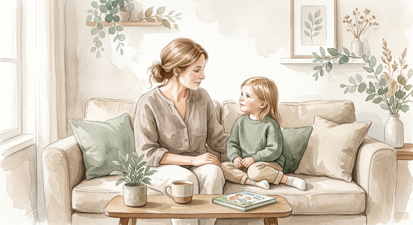 Maman et sa fille assises sur un canapé, échange calme et souriant