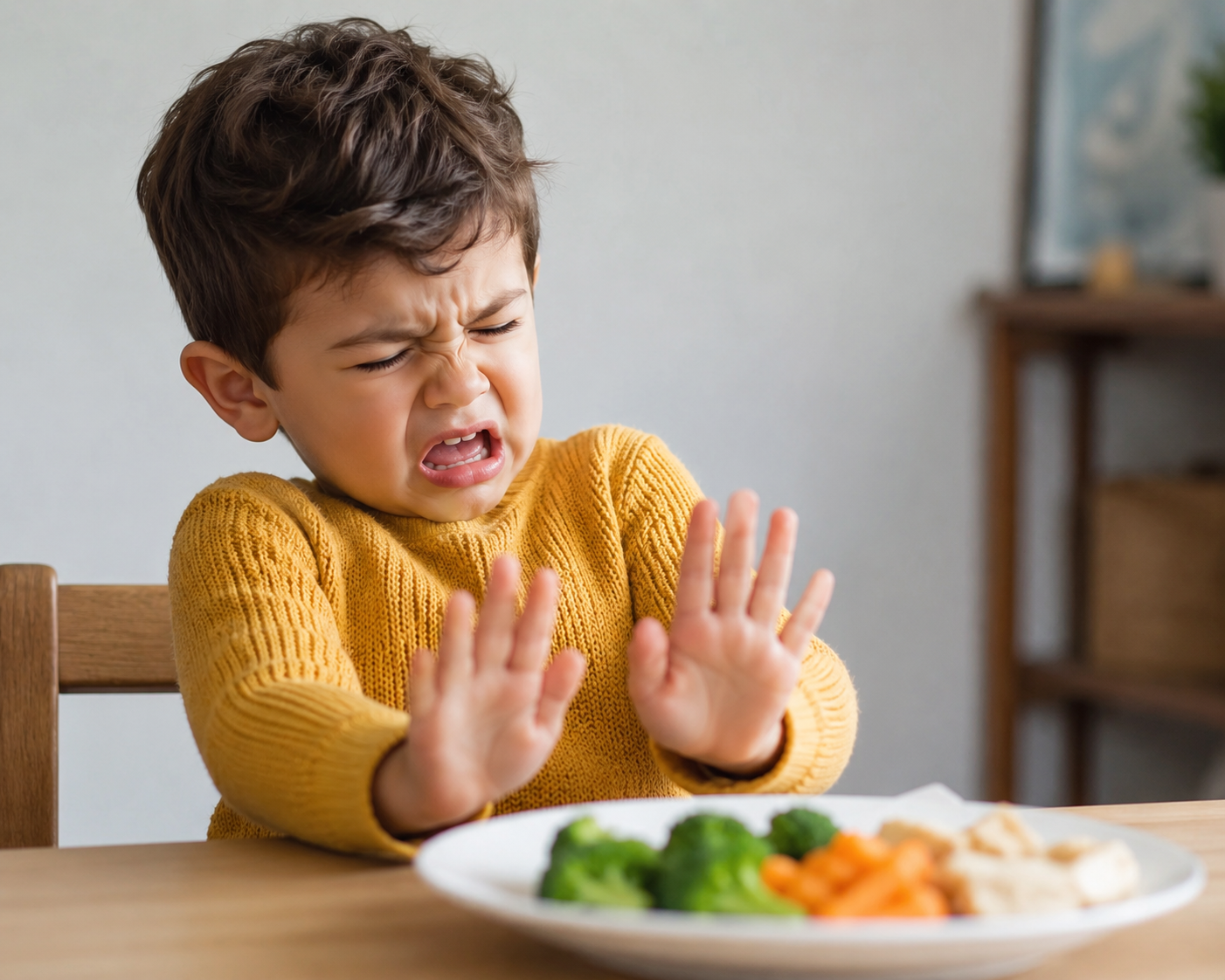 Enfant qui grimace et repousse son assiette de légumes, refus alimentaire