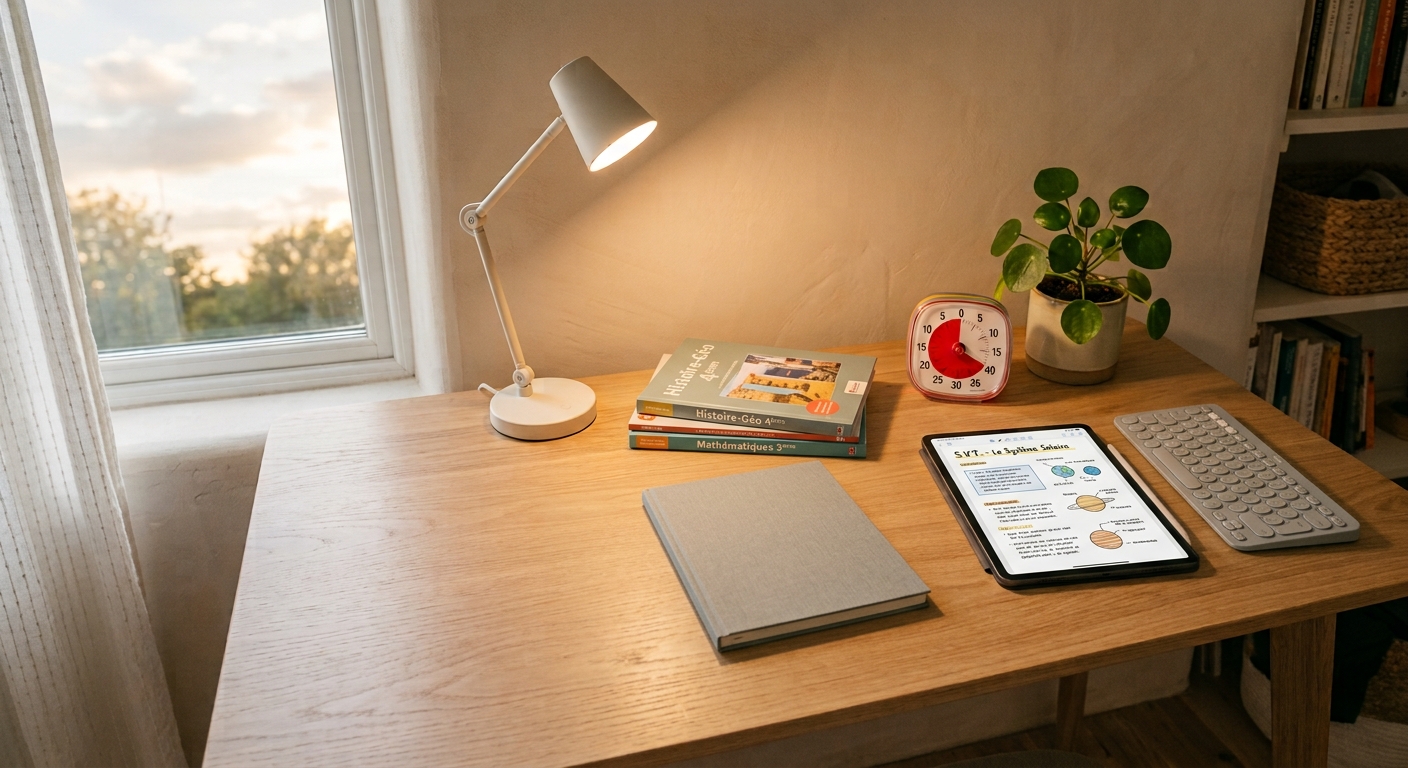 Bureau d'enfant équipé pour réviser : livres scolaires, minuteur, iPad avec fiche de révision, lampe